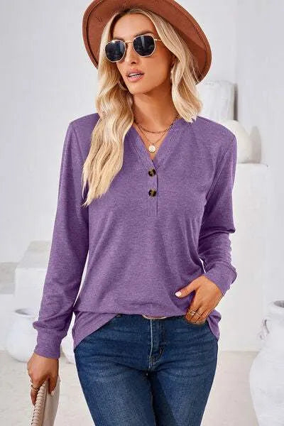 Notched Long Sleeve T-Shirt Women's T-Shirts - Tophatter Daily Deals